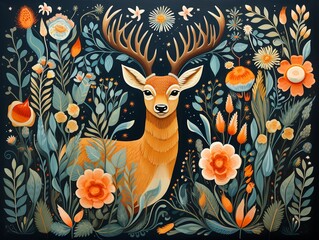 Forest folk art, deer and birds, half-body, floral accents ,  flat graphic drawing
