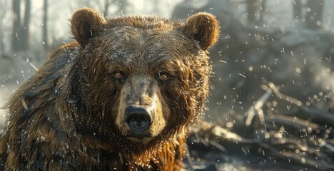 A large, wet grizzly bear with a serious look on its face is standing in a snowy forest.