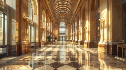 Fototapeta na wymiar A long hallway with marble floors and columns