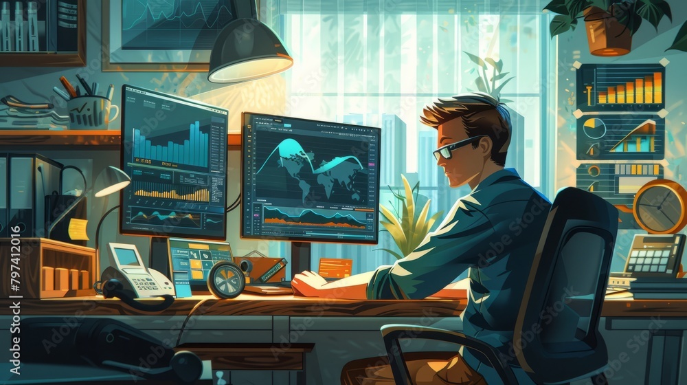 Poster a man sits at his desk looking at a computer screen with graphs and charts. he is wearing a blue shi
