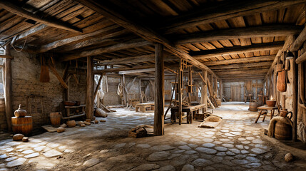 Fototapeta premium Ancient Rustic Interior of a Timber-Framed Building Illuminated by Daylight