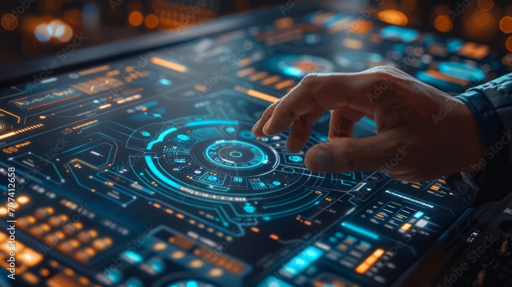 Aufkleber a person in a futuristic setting interacts with a high-tech control panel.
