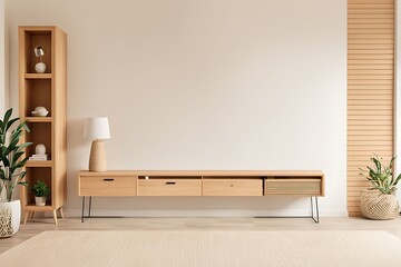  Mockup a cabinet television wall mounted with decoration in living room and white wall 