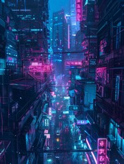 Fototapeta premium Cyberpunk Cityscape WallpaperVibrant Neon Lights and Futuristic Urban Atmosphere