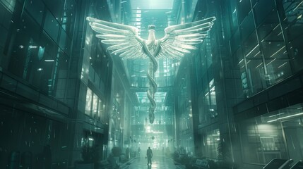 Obraz premium A wide shot of a futuristic city with a large statue of the caduceus in the center.