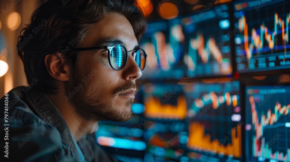 Aufkleber a young male stock trader wearing glasses looks at multiple computer monitors displaying stock marke