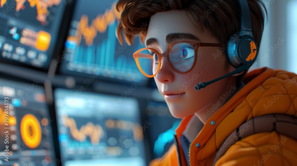 Poster a young man wearing glasses and a headset is looking at multiple computer screens displaying stock m
