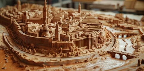 A wooden model of a city with intricate details.