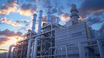 Large industrial complex with many pipes and smokestacks against a dusky orange sky