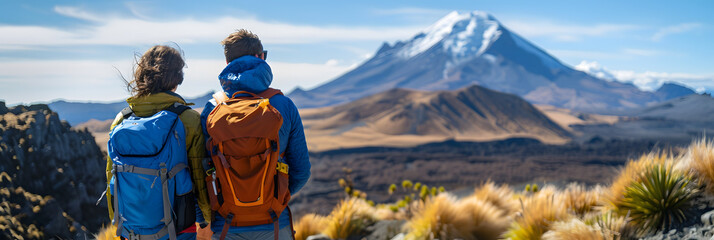 rear view backpacker or hiker or camper, mountains, woman and man on a trip together, fictional place