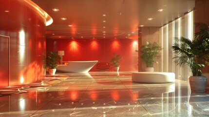 An empty hotel lobby with red walls and white furniture