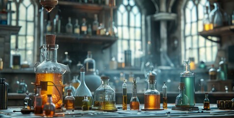 An illustration of an alchemist's laboratory, with potions, bottles, and other equipment.
