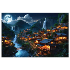 fantasy illustration design of a house near mountains and rivers at night