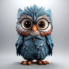 Cute cartoon owl with big eyes on a gray background. 3d rendering