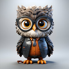 Owl in a jacket and glasses on a gray background. 3d rendering
