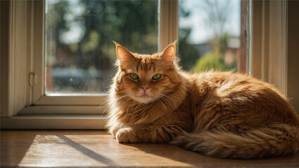 A fluffy, orange cat lounging on a windowsill. Generative Ai