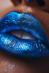 Artistic close-up of glossy blue lipstick on lips 