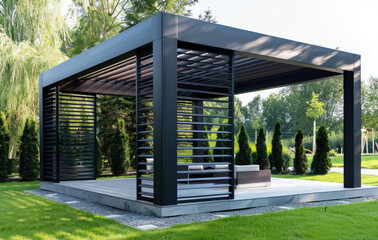 an open black and gray modern pergola with metal slats on the roof, standing in front of green grass near house walls. The background is clear blue sky without clouds