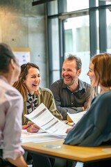 Diverse group of people laughing at paperwork in a modern office Von Geber86 