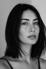 headshot of a woman with straight black hair, light brown eyes, wearing simple in a 90s fashion style, black and white photography in the style of studio lighting