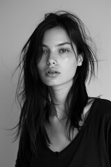 Fototapeta premium headshot of a woman with straight black hair, light brown eyes, wearing simple in a 90s fashion style, black and white photography in the style of studio lighting