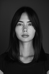Fototapeta premium headshot of a woman with straight black hair, light brown eyes, wearing simple in a 90s fashion style, black and white photography in the style of studio lighting