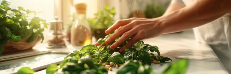 Kitchen Delight:  Hands Preparing Fresh Basil and Pine Nuts
