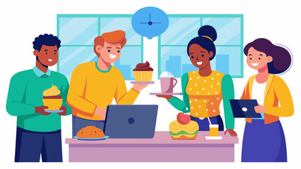 A group of coworkers planning a bake sale in their office with all proceeds going towards a fundraising campaign for building homes and