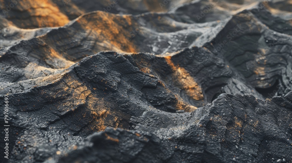 Poster a closeup shot of a volcanic ash field with layers of rough jagged textures and a warm earthy color 