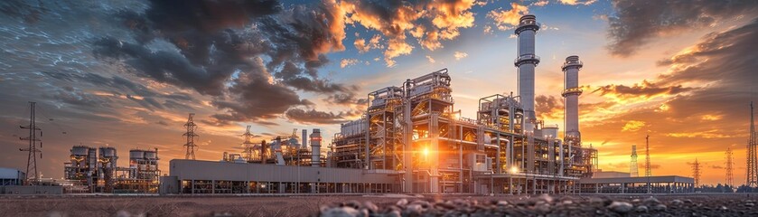 The image shows an industrial power plant at dusk with the sun setting behind it.
