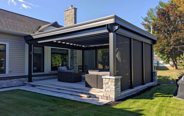 Obraz premium an open black and gray modern pergola with metal slats on the roof, standing in front of green grass near house walls. The background is clear blue sky without clouds