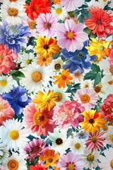 White background, colorful flowers arranged in a pattern in the form of single ones, 