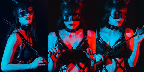 Sexy dominant woman dominatrix mistress girl with whip flogger for BDSM sex with dominance and...