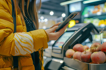 Customer uses smartphone for a contactless payment, emphasis on convenience and technology at checkout