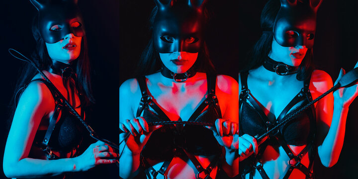 Sexy dominant woman dominatrix mistress girl with whip flogger for BDSM sex with dominance and submission in lingerie and mask. Horizontal banner collage cover