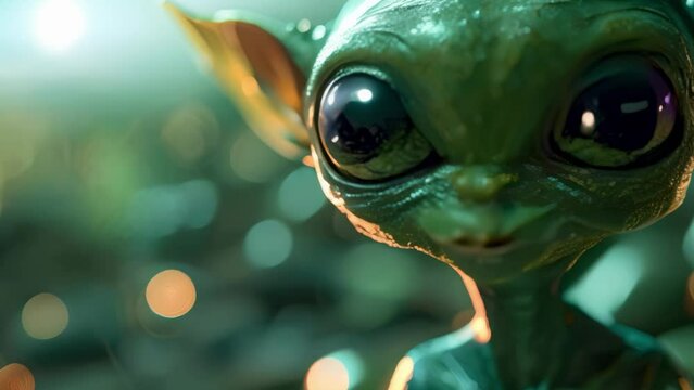 Young extraterrestrial with emerald skin, batlike ears, and oversized eyes. Concept Alien character design, Fantasy illustration, Science fiction creature, Unique character concept