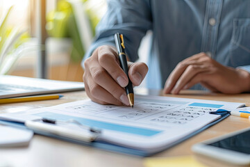 An individual marking items as completed on a dynamic checklist, visually representing the concept of organization and progress