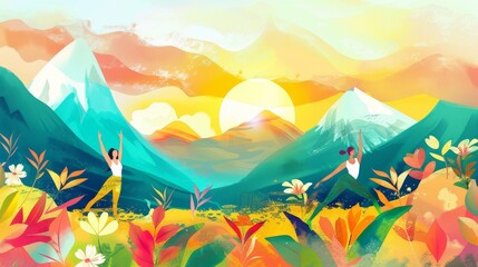 International yoga day different poses illustration colourful nature mountain background 
