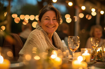 smiling middle aged woman at an outdoor dinner table with friends, candles and string lights, evening light, warm tones in the style of friends gathered at an outdoor dinner table lit with candles