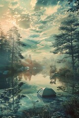 Paint a dreamy forest clearing with a tent reflecting a distorted sky, merging reality and fantasy through dynamic CGI techniques