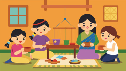 A workshop corner where each family teaches a traditional craft or skill such as weaving calligraphy or origami.