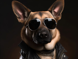 Cool Fluffy Dog German Shepherd Breed In Stylish Lather Jacket And Sunglasses