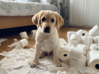Cute Puppy Dog Done Mess Indoors, Toilet Paper Rolls Scattered Anywhere