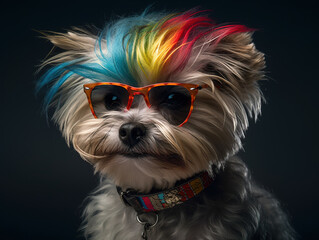 Cute Funny Yorkshire Terrier With Colored Hair In Sunglasses
