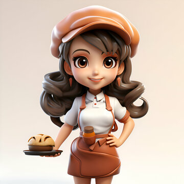 3D illustration of a cute cartoon waitress with chocolate cake on a plate