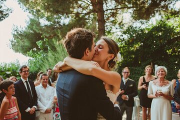 Authentic, unposed photographs capturing guests' emotional responses during significant moments at a wedding, such as the exchange of vows or the couple's first kiss as newlyweds: