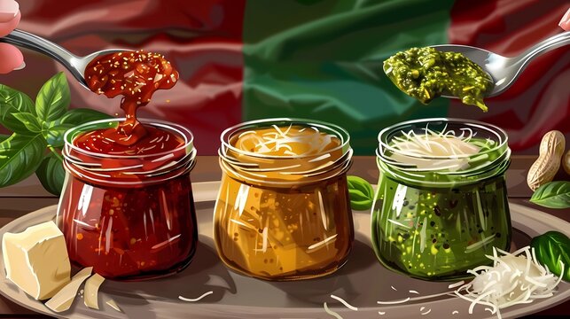 Spaghetti in glass jar with pesto sauce and ingredients for cooking on the background of the flag of Maldives,  Generative AI illustrations.