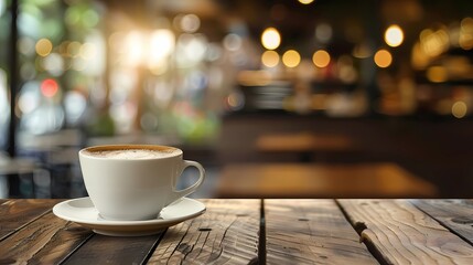 Coffee cup on wooden table in coffee shop blur background with bokeh image, Generative AI illustrations.