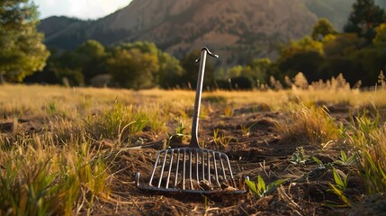 Rake in the field at sunset, Gardening concept, Generative AI illustrations.