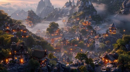 Mysterious fantasy landscape with fairy chimneys and pagodas in the mist, Generative AI illustrations.